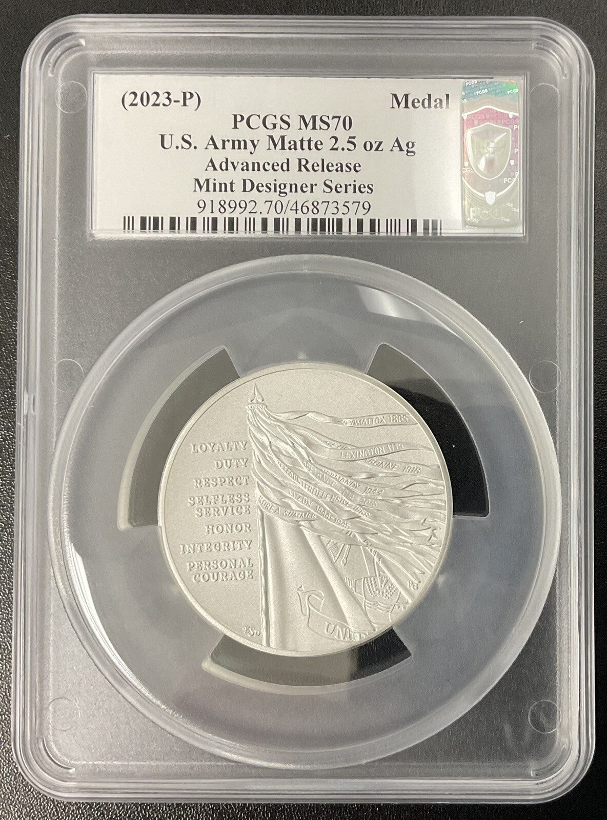 2023-P U.S. Army Matte 2.5 Oz Ag PCGS MS70 Advanced Release Damstra Signed